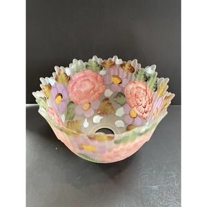 Reverse Painted Glass Lamp Shade Pink Floral 1 1/2 “ Opening